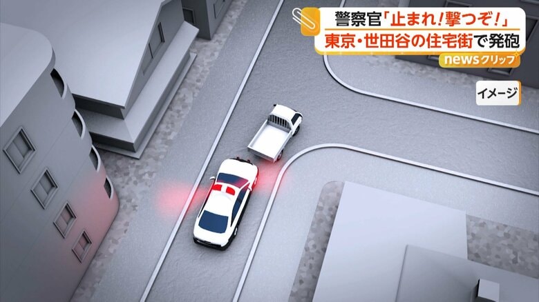 軽トラックが住宅街の狭い通りに逃げ込み、バックした際パトカーと衝突したイメージ