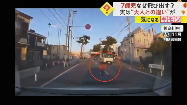 子どもは、左右を見ずに、走って、道路を横断していった。