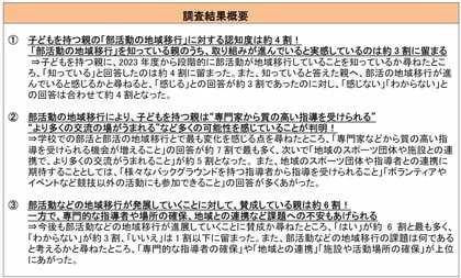 子どもがいる親世代に聞いた「部活動の地域移行における意識調査」部活動の地域移行に対する認知度は約4割!専門家による質の高い指導や多くの交流の機会がうまれることへ可能性を感じている親が多数!