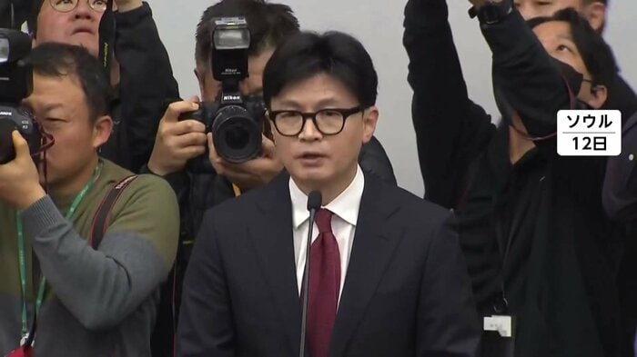 弾劾訴追案に賛成するよう呼びかける与党「国民の力」の韓東勲代表