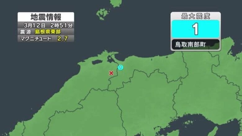 島根県東部を震源とするマグニチュード2.7の地震　鳥取県南部町で震度1観測　津波の心配なし｜FNNプライムオンライン