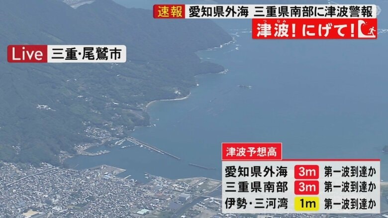 【津波警報】午後0時8分 三重・尾鷲市で第一波を観測 愛知県外海・三重県南部に津波警報｜FNNプライムオンライン