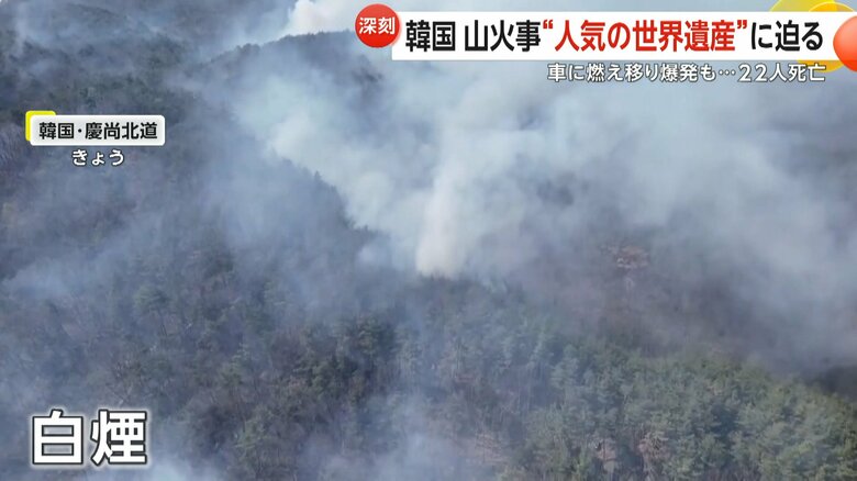 白煙が立ち上る韓国・南東部の慶尚北道付近の山