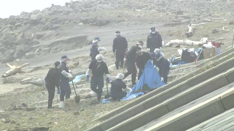 砂浜を区切り掘って証拠を捜す捜査員（15日午前）
