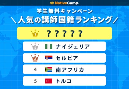 【英会話レッスン回数無制限】ネイティブキャンプ　学生無料キャンペーン利用者が選ぶ「講師の国籍ランキングTOP5」意外な国が上位にランクイン！