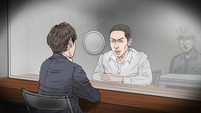 少しずつ話を始めた須江拓貴被告(イラスト:石井克昌)