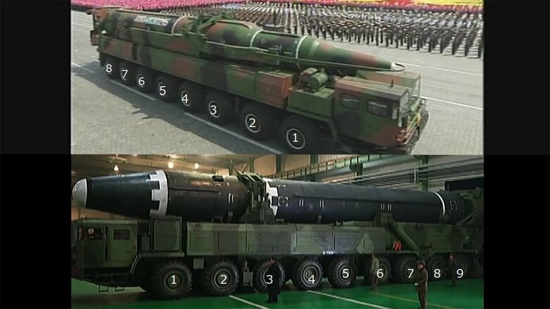 火星13型ICBMの自走発射機は16輪トラック。(上)(朝鮮中央テレビ･2012年)　 火星15型ICBMの自走発射機は上記16輪トラックを延長した18輪トラック。(下)(朝鮮中央テレビ･2018年)