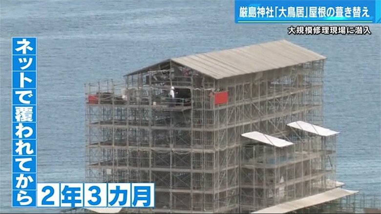 工事用のネットに覆われる、宮島のシンボル厳島神社の「大鳥居」