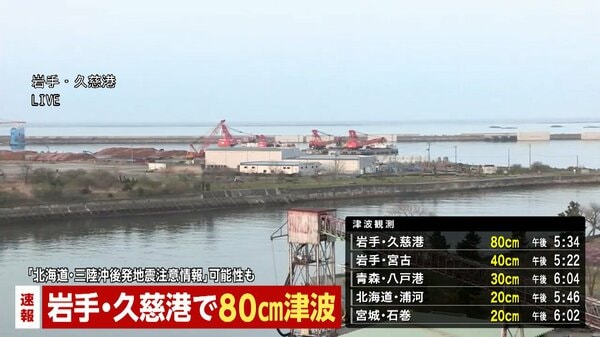 速報】新たに青森・八戸港で30cm 北海道・浦河で20cmの津波観測 岩手