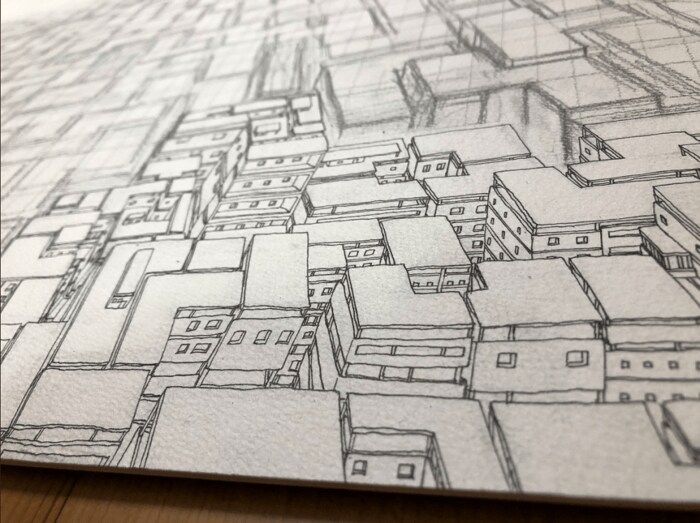 (描き進め 建物1つ1つが細かい)
