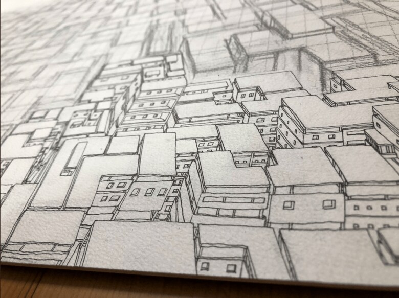 (描き進め 建物1つ1つが細かい)