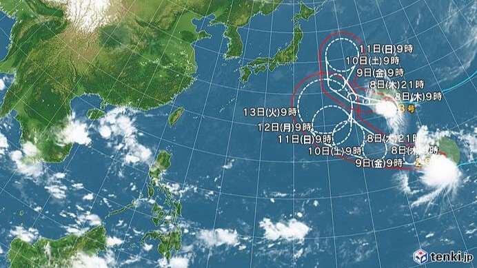 台風28・29号の進路予想図（日本気象協会tenki.jpより）