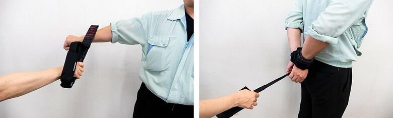 不審者に押し当てることで拘束。さらにヒモを絡ませて拘束することができる