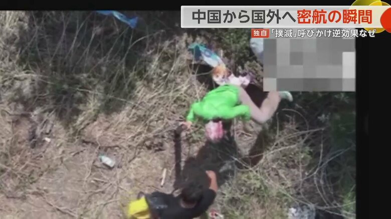 女性は鉄条網の隙間をくぐり抜け山の中へ