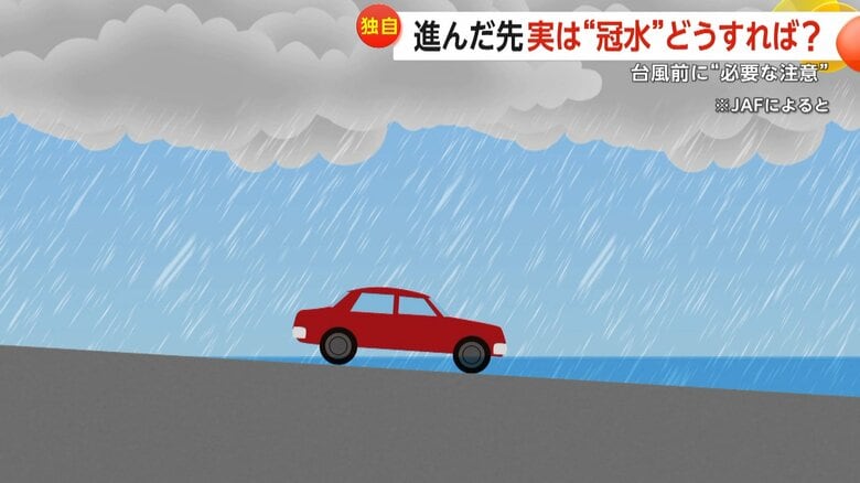 JAFによると冠水した道路に突っ込んだ場合、後ろを確認した上で引き返した方がよいという
