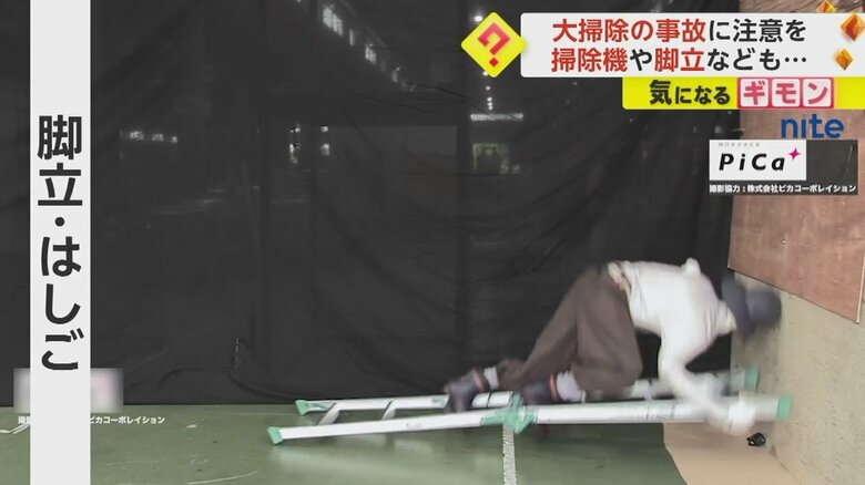 立てかけ方が悪く、上った脚立が壁を滑って倒れる瞬間⑥