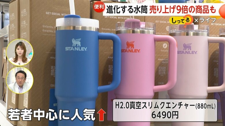 ストローが刺さっており、マグカップのような持ち手の付いた水筒