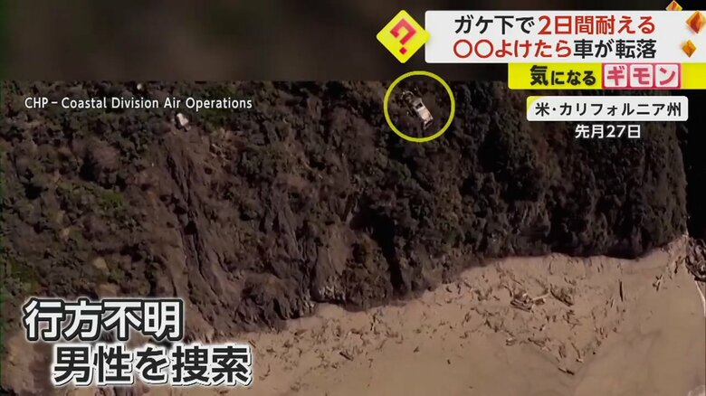 海岸沿いの切り立った崖にかろうじて止まる1台の車