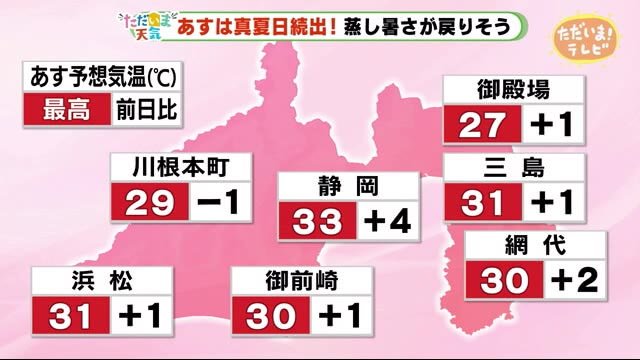 【ただいま天気 9/17 】18日 静岡は33度予想 蒸し暑さが戻りそう