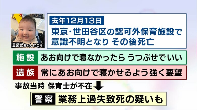 「1歳までは仰向けに」と国も呼びかけ…保育施設で0歳児が『うつ伏せ寝』で死亡 保護者は仰向けを強く要望｜FNNプライムオンライン