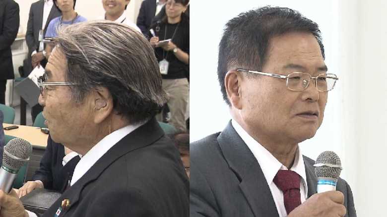 岸田派総会で挨拶する北村誠吾地方創生担当相(写真左)と竹本直一科学技術担当相