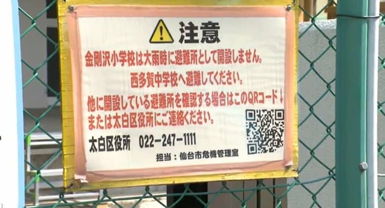大雨時には避難所として開設しないことを伝える看板が