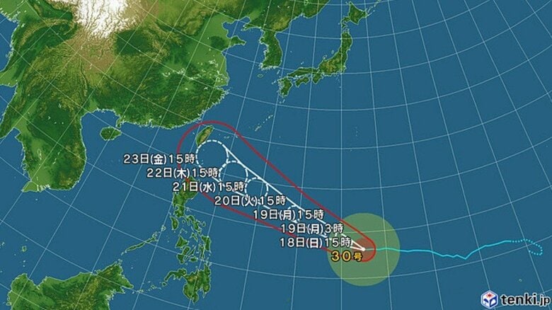 【台風情報】台風30号の進路予想　22日午後3時には「非常に強い」勢力で沖縄の南へ達する見込み　中心気圧935ヘクトパスカル、最大瞬間風速70メートルの予想｜FNNプライムオンライン