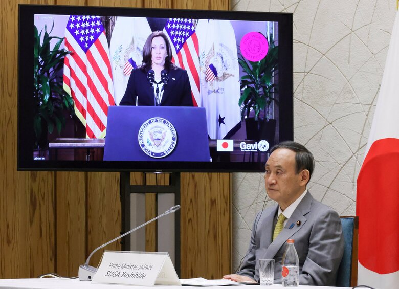 ワクチンサミットをGaviと共催した菅首相とアメリカから参加したカマラ・ハリス副大統領（2日・内閣広報室提供）