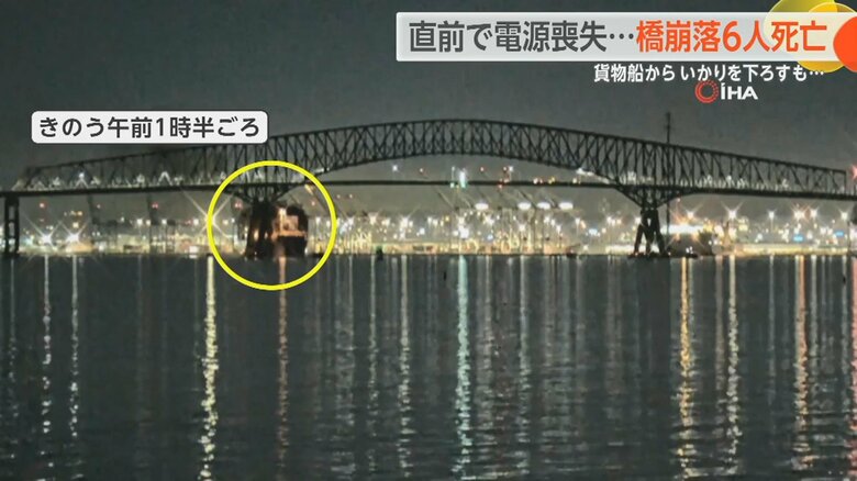 橋に近づく大型貨物船