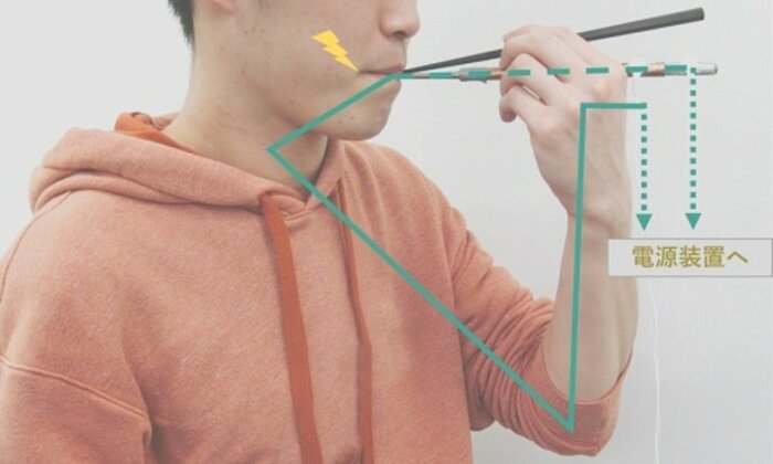 ※微弱な電気刺激が付与される箸型デバイス(画像提供:明治大学総合数理学部先端メディアサイエンス学科宮下芳明研究室)