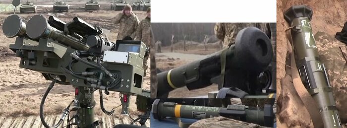 スティンガー地対空ミサイル・システム(左)、ジャベリン対戦車ミサイル(中央上)、M141対バンカーロケット弾発射機(中央下)、AT-4対戦車ロケット砲(右)