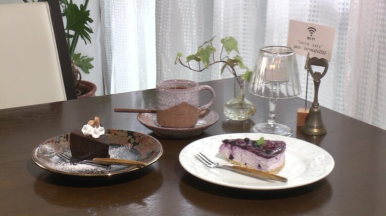 写真左：豆腐とアボカドのガトーショコラ　右：こはじゃと梨のチーズムース