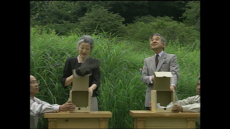 キジやヤマドリなどを放鳥される両陛下（那須御用邸）