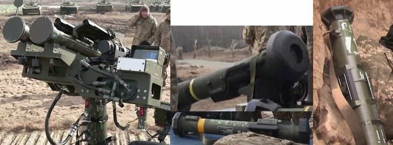 スティンガー地対空ミサイル・システム(左)、ジャベリン対戦車ミサイル(中央上)、M141対バンカーロケット弾発射機(中央下)、AT-4対戦車ロケット砲(右)