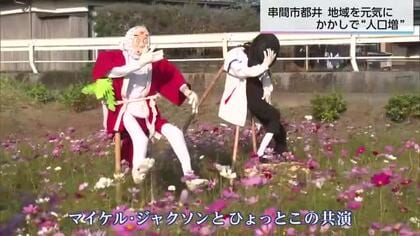 串間市都井のコスモス畑に現れた「案山子」　マイケルジャクソン＆ひょっとこ共演も