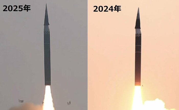 1月6日発射の新型極超音速中長距離弾道ミサイル(左) 昨年発射の「火星16ナ」(右)