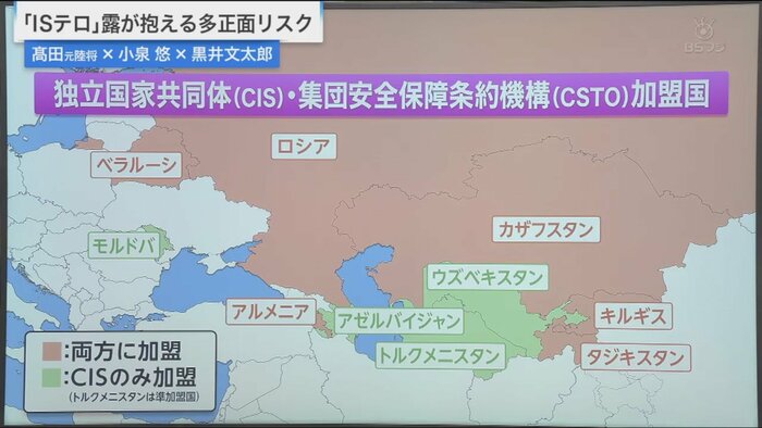 旧ソ連諸国による国家連合の独立国家共同体(CIS)、ロシアが主導する軍事同盟の集団安全保障条約機構(CSTO)に加盟するロシアの同盟国