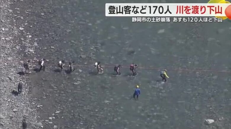ロープにつかまり川に膝まで浸かり… 林道崩落　きょうは１７０人が迂回ルートで下山　あすは１２０人が下山を希望… 静岡市葵区の林道東俣線｜FNNプライムオンライン