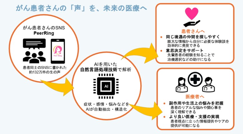 慶應義塾大学薬学部と株式会社リサ・サーナ、一般社団法人ピアリングは、がん患者のピア・サポートコミュニティ「Peer Ring ピアリング」への投稿から、患者経験の可視化を行う共同研究を開始しました。