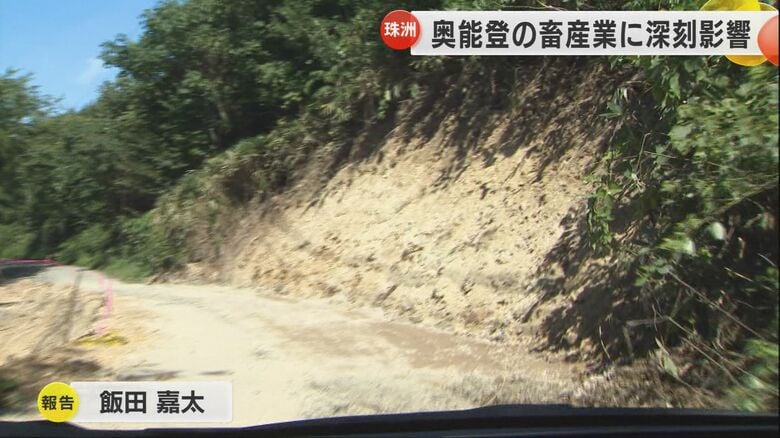 道路が大きく崩落し、道路わきもがけ崩れが発生している。