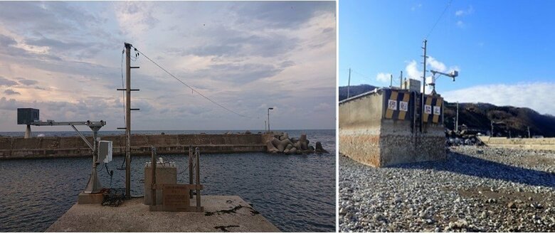 珠洲市の検潮所地震前（左）地震後（右）目の前の海が隆起によりなくなった（提供：気象庁）
