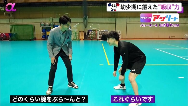 山本選手のレシーブ時の脱力感を確認する今湊アナ