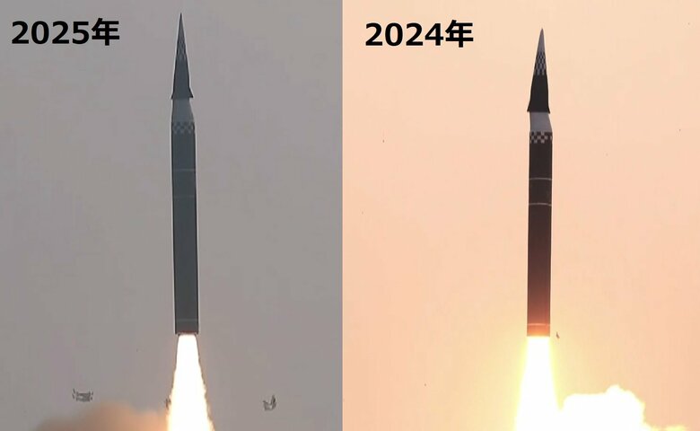 1月6日発射の新型極超音速中長距離弾道ミサイル（左） 昨年発射の「火星16ナ」（右）
