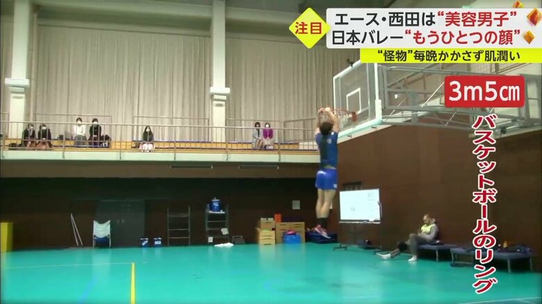 軽々とバスケットボールリングにダンクシュート