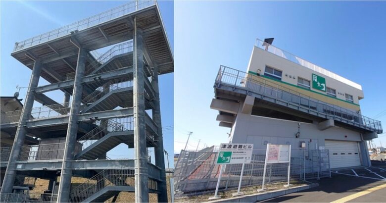 （左）一般的な津波避難タワー（右）東日本大震災の経験を生かして防寒・防風対策が施された津波避難ビル（撮影：TASK TAKS）