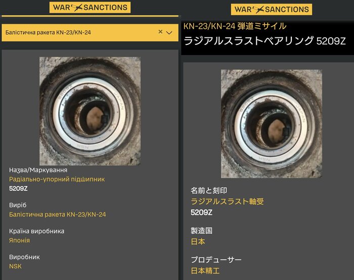 ウクライナ国防省情報総局が発表したミサイルの部品(NSKの刻印)の画像 ※右側は和訳
