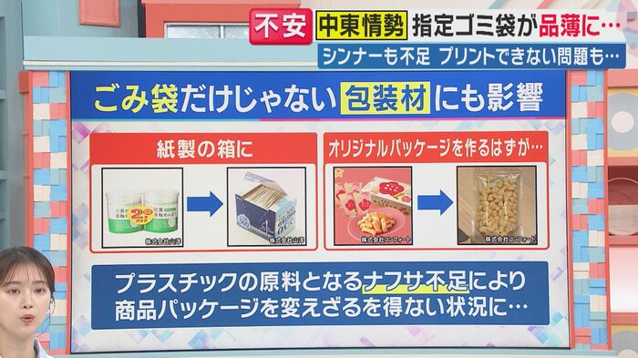 石油化学原料「ナフサ」の不足で包装も（関西テレビ「旬感LIVE とれたてっ！」より）
