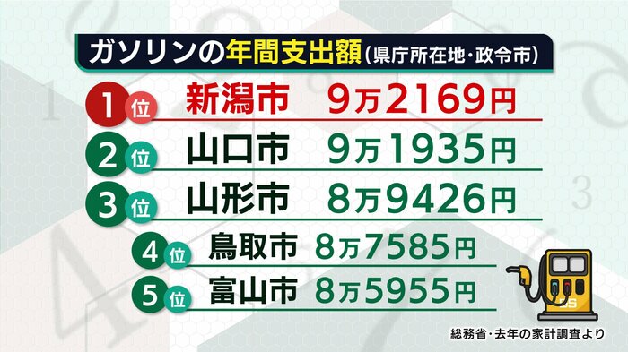 ガソリンの年間支出額(県庁所在地・政令市)
