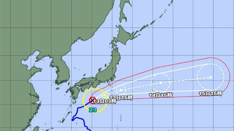 【台風情報】台風23号　今後の進路予想は　潮岬の南約300キロを1時間に約30キロの速さで北東へ　気象庁の発表（12日午後3時50分）｜FNNプライムオンライン