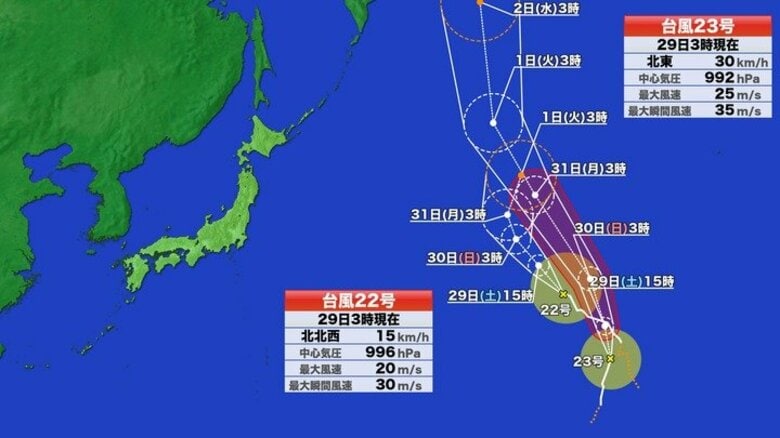 【台風情報】台風多発　ダブル台風　22号・23号　予想進路　「藤原の効果」で複雑な進路に　日本に直接影響ないものの太平洋岸はうねりに注意　　｜FNNプライムオンライン